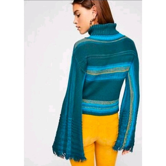 Free People Close to Me Striped pullover turtleneck sweater green blue Medium - Picture 2 of 7